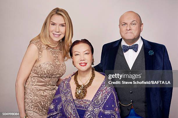 Jacqueline Murphy, Fashion designer Sue Wong, and BAFTA Board Chairman Nigel Daly pose for a portrait at the BAFTA Los Angeles Awards Season Tea at...