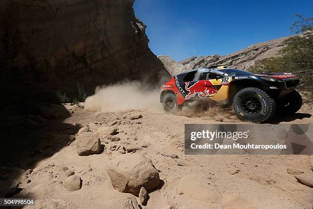 Stephane Peterhansel of France and Paul Jean Cottret of France in the PEUGEOT 2008 DKR for TEAM PEUGEOT TOTAL SOUTH AFRICA compete on day 12 / stage...