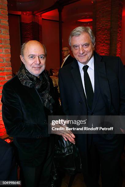 Editor Prosper Assouline and CEO Dior Sidney Toledano attend the 'Jean Nouvel and Claude Parent, Musees a venir' Exhibition Opening at Galerie...