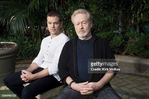 Actor Matt Damon and director Ridley Scott of 'The Martian' are photographed for Los Angeles Times on December 7, 2015 in Los Angeles, California....
