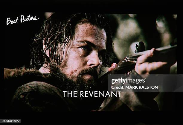 Screen showing the film 'The Revenant' which stars Leonardo DiCaprio and has been nominated for 12 Oscars including Best Picture, during the Academy...