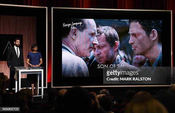 Screen showing the film 'Son of Saul' from Hungary which is a Oscar nominee for Best Foreign Language Film, and is announced by actor John Krasinski...