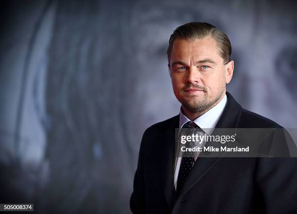 Leonardo DiCaprio, attends UK Premiere of "The Revenant" at Empire Leicester Square on January 14, 2016 in London, England.