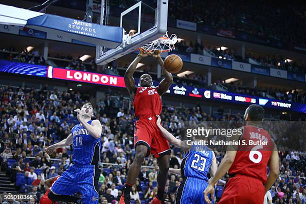 Bismack Biyombo of the Toronto Raptors dunks against the Orlando Magic as part of the 2016 Global Games London on January 14, 2016 at The O2 Arena in...
