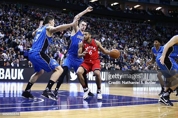 Cory Joseph of the Toronto Raptors handles the ball against the Orlando Magic as part of the 2016 Global Games London on January 14, 2016 at The O2...