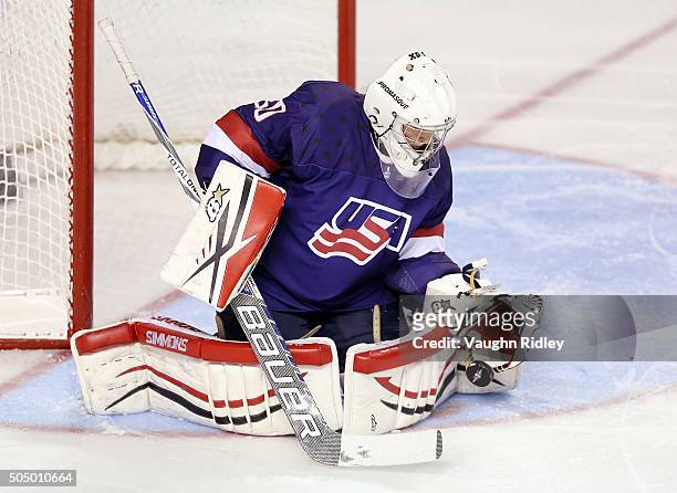 Beth Larcom of Team USA makes a save in a semifinal game against Team Sweden during the 2016 IIHF U18 Women's World Championships at the Meridian...