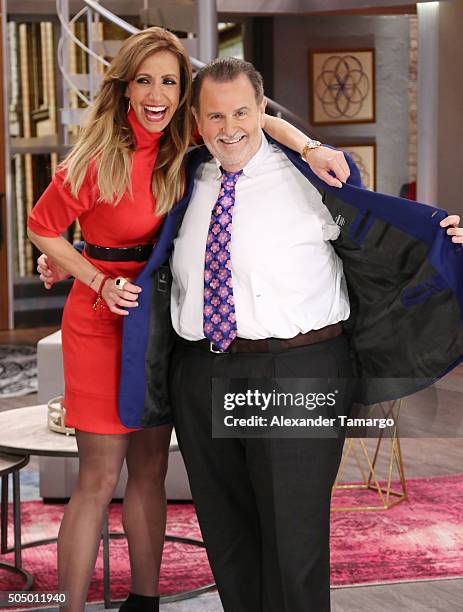 Lili Estefan and Raul de Molina are seen on the set of "El Gordo y La Flaca" at Univision Studios on January 14, 2016 in Miami, Florida.