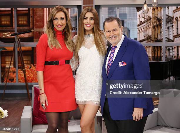 Lili Estefan, Miss Colombia Ariadna Gutierrez and Raul de Molina are seen on the set of "El Gordo y La Flaca" at Univision Studios on January 14,...