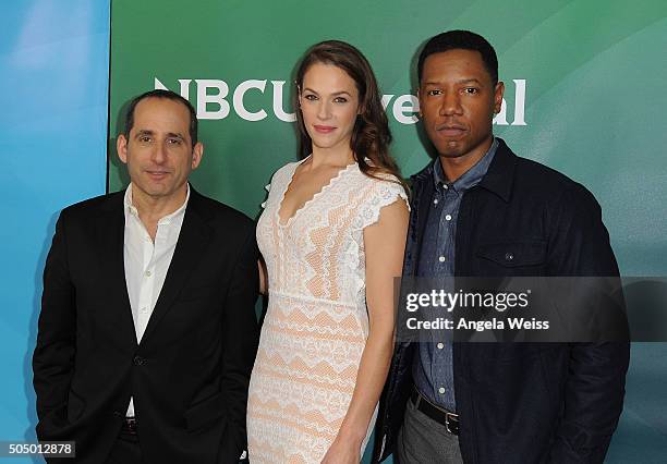 Peter Jacobson, Amanda Righetti and Tory Kittles arrive at the 2016 Winter TCA Tour - NBCUniversal Press Tour Day 2 at Langham Hotel on January 14,...