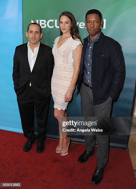 Peter Jacobson, Amanda Righetti and Tory Kittles arrive at the 2016 Winter TCA Tour - NBCUniversal Press Tour Day 2 at Langham Hotel on January 14,...