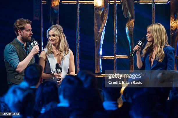 Ricky Willson, Kimberley Wyatt and Laura Whitmore at the nominations launch for The Brit Awards 2016 at ITV Studios on January 14, 2016 in London,...
