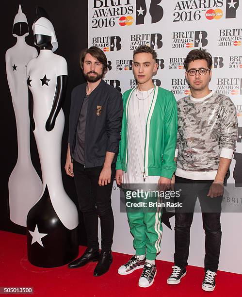 Mikey Goldsworthy, Olly Alexander and Emre Turkmen of Years & Years attends the nominations launch for The Brit Awards 2016 at ITV Studios on January...