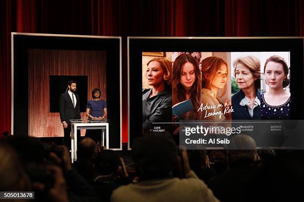 Actor John Krasinski and Academy President Cheryl Boone Isaacs announce nominees for Performance by an Actress in a Leading Role at the announcement...