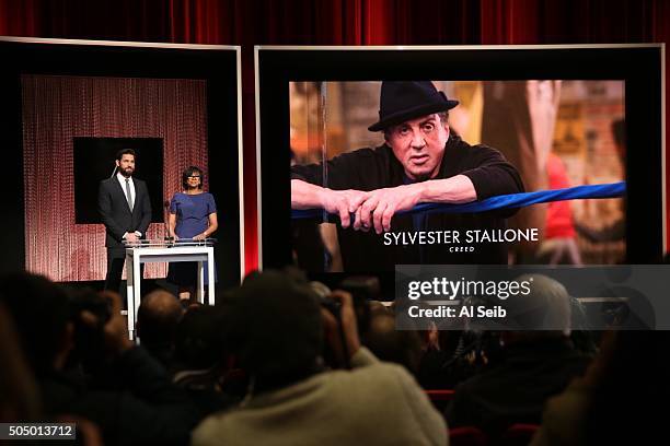 Actor John Krasinski and Academy President Cheryl Boone Isaacs announce Slyvester Stallone as a nominee for Performance by an Actor in a Supporting...