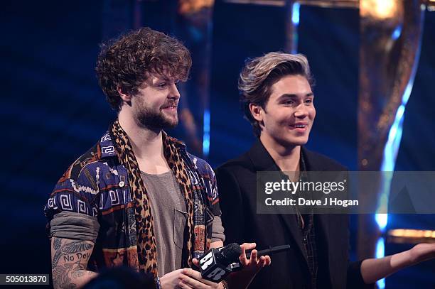 Jay McGuiness and George Shelley onstage at the nominations launch for The Brit Awards 2016 at ITV Studios on January 14, 2016 in London, England.