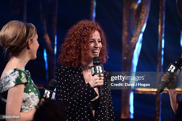 Katherine Ryan and Jess Glynne onstage at the nominations launch for The Brit Awards 2016 at ITV Studios on January 14, 2016 in London, England.