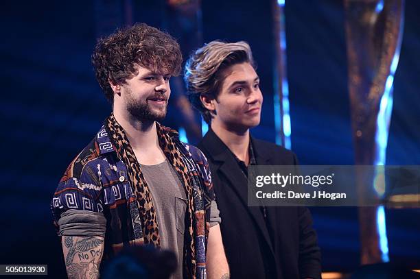 Jay McGuiness and George Shelley onstage at the nominations launch for The Brit Awards 2016 at ITV Studios on January 14, 2016 in London, England.