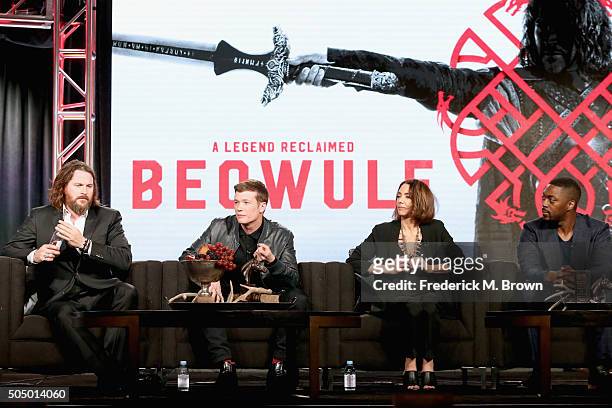 Actors Kieran Bew, Ed Speleers, Joanne Whalley and David Ajala speak onstage during the 'Beowulf' panel discussion at the NBCUniversal portion of the...
