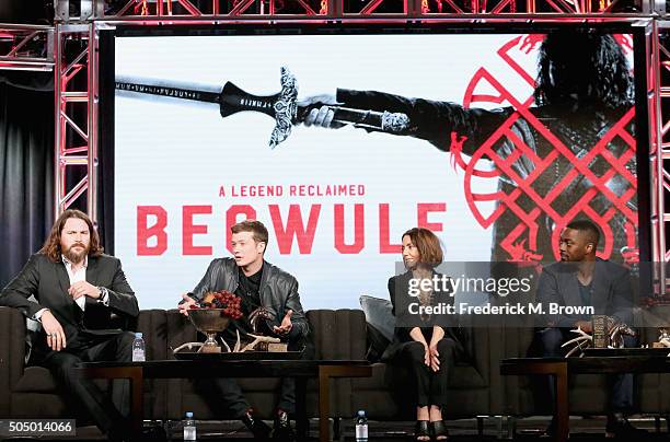 Actors Kieran Bew, Ed Speleers, Joanne Whalley and David Ajala speak onstage during the 'Beowulf' panel discussion at the NBCUniversal portion of the...