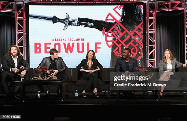 Actors Kieran Bew, Ed Speleers, Joanne Whalley, David Ajala and creator/producer Katie Newman speak onstage during the 'Beowulf' panel discussion at...
