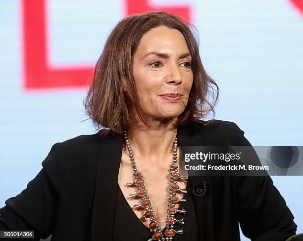 Actress Joanne Whalley speaks onstage during the 'Beowulf' panel discussion at the NBCUniversal portion of the 2016 Winter TCA Tour at Langham Hotel...