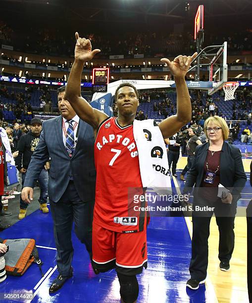 Kyle Lowry of the Toronto Raptors waves to the fans after the game against the Orlando Magic as part of the 2016 Global Games London on January 14,...