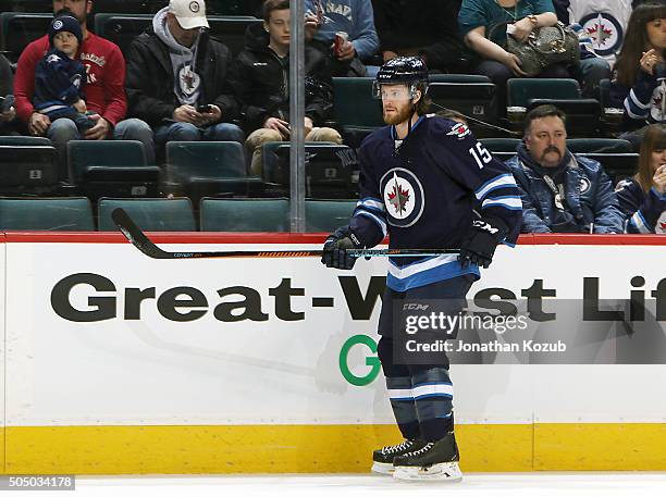 Matt Halischuk of the Winnipeg Jets takes part in the pre-game warm up prior to NHL action against the Nashville Predators at the MTS Centre on...