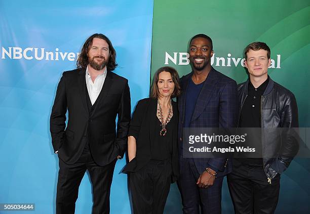 Kieran Bew, Joanne Whalley, David Ajala and Ed Speleers arrive at the 2016 Winter TCA Tour - NBCUniversal Press Tour Day 2 at Langham Hotel on...