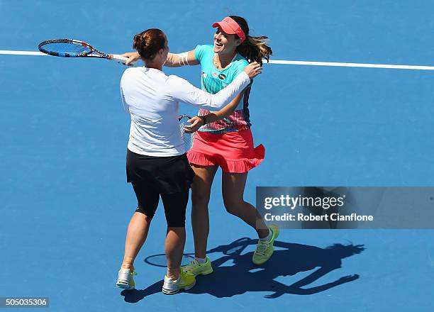 Jarmila Wolfe and Kimberly Birrell of Australia celebrate after they defeated Anabel Medina Garrigues and Arantxa Parra Santonja of Spain to win the...