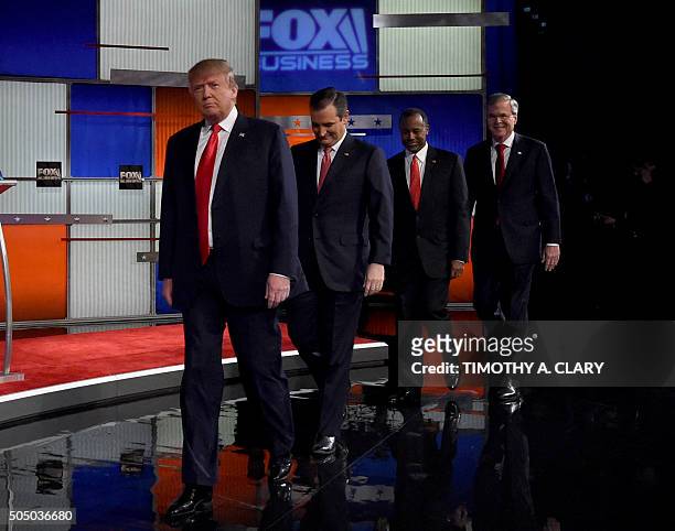 Republican Presidential candidates businessman Donald Trump , Texas Senator Ted Cruz , retired neurosurgeon Ben Carson and former Florida Gov. Jeb...