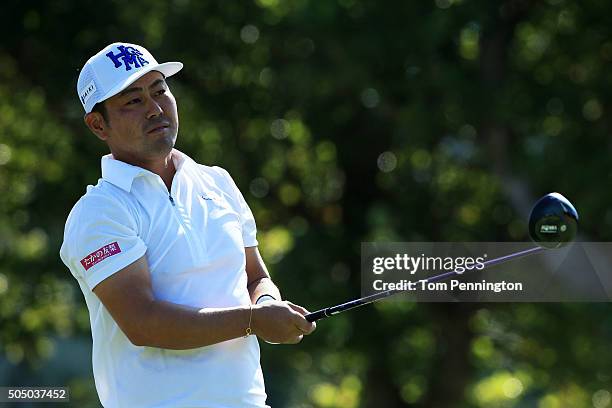 Hideto Tanihara of Japan plays his shot from the first tee during the first round of the Sony Open In Hawaii at Waialae Country Club on January 14,...