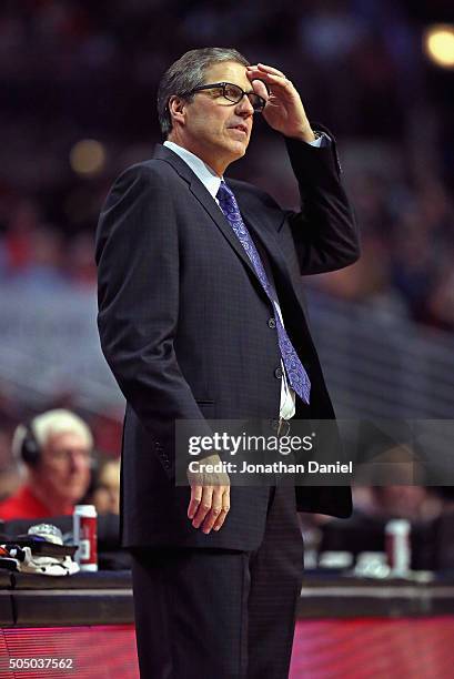 Head coach Randy Wittman of the Washington Wizards watches as his team takes on the Chicago Bulls at the United Center on January 11, 2016 in...