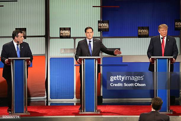 Republican presidential candidates New Jersey Governor Chris Christie, Sen. Marco Rubio and Donald Trump participate in the Fox Business Network...