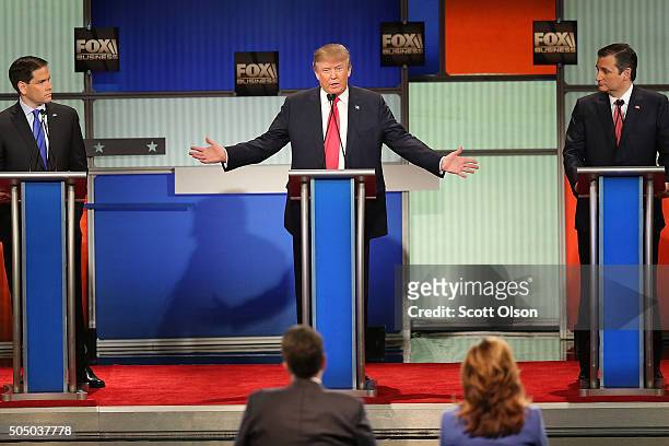 Republican presidential candidates Sen. Marco Rubio , Donald Trump and Sen. Ted Cruz participate in the Fox Business Network Republican presidential...