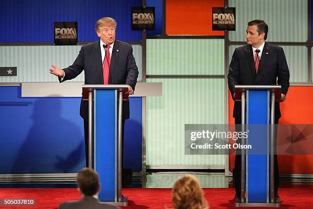 Republican presidential candidates Donald Trump and Sen. Ted Cruz participate in the Fox Business Network Republican presidential debate at the North...