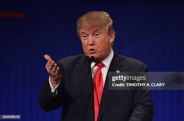 Republican Presidential candidate businessman Donald Trump speaks during the Republican Presidential debate sponsored by Fox Business and the...