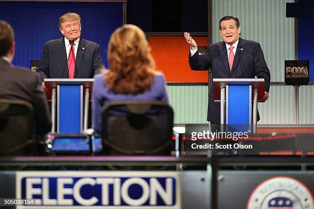 Republican presidential candidates Donald Trump and Sen. Ted Cruz participate in the Fox Business Network Republican presidential debate at the North...