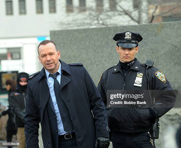 Donnie Wahlberg and Will Estes on the set of "Blue Bloods" on January 14, 2016 in New York City.