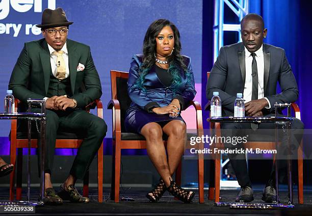 Boss/Executive Producer Nick Cannon, assistant Drekia Glenn and Boss Bu Thiam speak onstage during the 'Like A Boss' panel discussion at the...