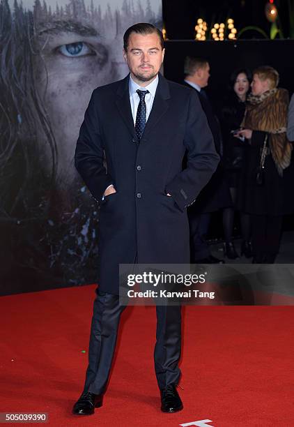 Leonardo DiCaprio attends UK Premiere of "The Revenant" at Empire Leicester Square on January 14, 2016 in London, England.