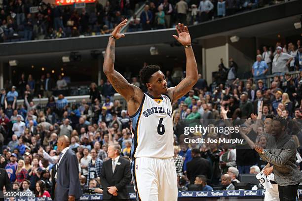 Mario Chalmers of the Memphis Grizzlies celebrates after hitting the game winning shot against the Detroit Pistons on January 14, 2016 at FedExForum...