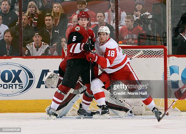 Connor Murphy of the Arizona Coyotes and Joakim Andersson of the Detroit Red Wings battle for position in front of goaltender Louis Domingue of the...