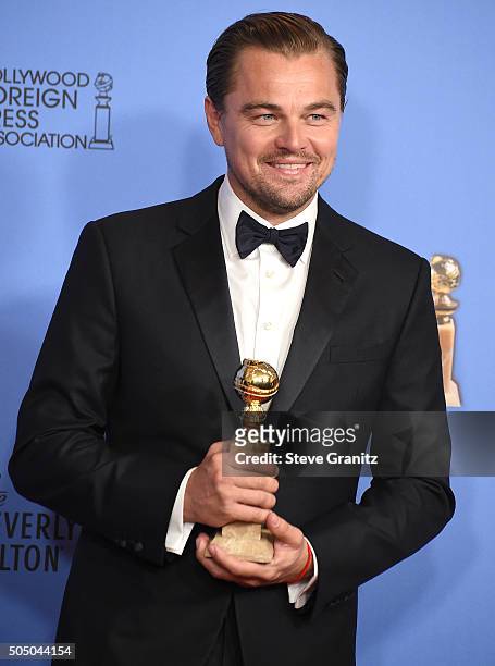 Leonardo DiCaprio poses at the 73rd Annual Golden Globe Awardsat The Beverly Hilton Hotel on January 10, 2016 in Beverly Hills, California.