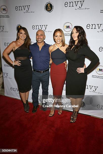 Lysa Simpson, Joe Gorga, Melissa Gorga and Kim Pirella attend the Grand Opening of envy by Melissa Gorga Boutique on January 14, 2016 in Montclair,...