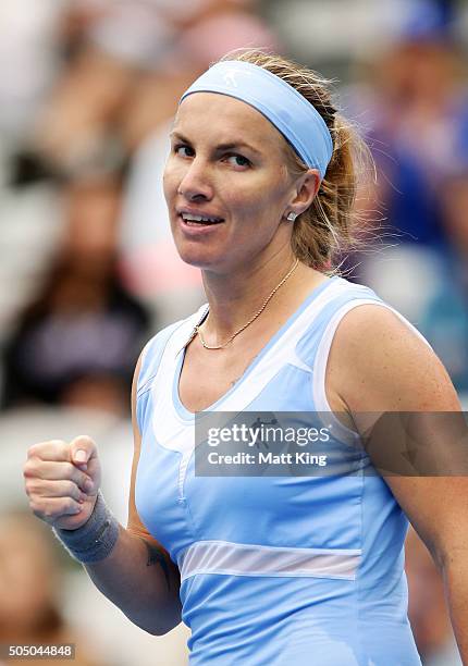 Svetlana Kuznetsova of Russia celebrates winning match point in her semi final match against Simona Halep of Romania during day six of the 2016...