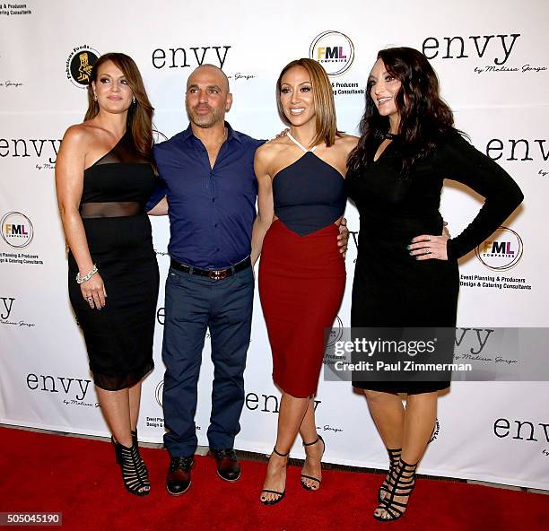 Lysa Simpson, Joe Gorga, Melissa Gorga and Kim Pirella attend the Grand Opening of envy by Melissa Gorga Boutique on January 14, 2016 in Montclair,...