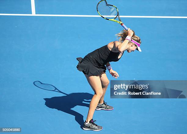 Eugenie Bouchard of Canada smashes her racquet in frustration in her semi-final singles match against Dominika Cibulkova of Slovakia during day six...
