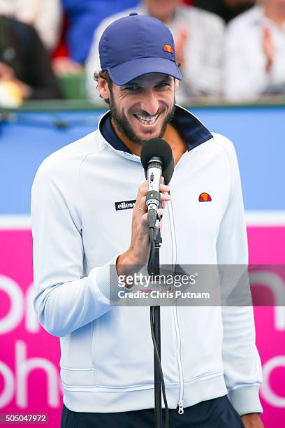 Feliciano Lopez during his runner's up speech after losing to David Goffin in the final of the 2016 Kooyong Classic on January 15, 2016 in Melbourne,...