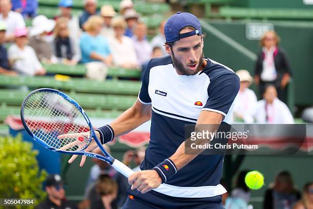 Feliciano Lopez of Spain strikes the ball whilst playing David Goffin of Belgium in the final of the 2016 Kooyong Classic on January 15, 2016 in...