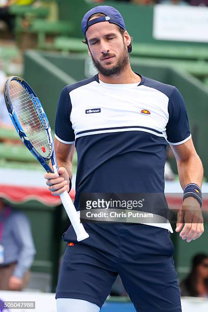 Feliciano Lopez of Spain reacts to missing a shot whilst playing David Goffin of Belgium in the final of the 2016 Kooyong Classic on January 15, 2016...